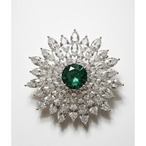 Elegant Gold PlatedFloral Brooch Pin for Women Green & White Crystals